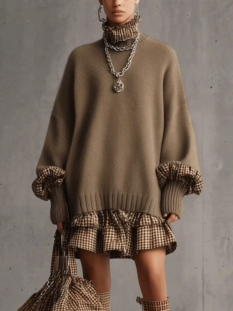 Brown Knitted Plaid Ruffle Long Sleeve Mini Dress