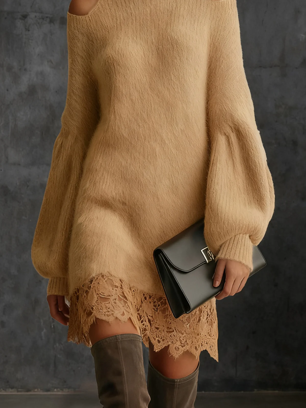 Cold Shoulder Camel Knit Dress With Lace Trim