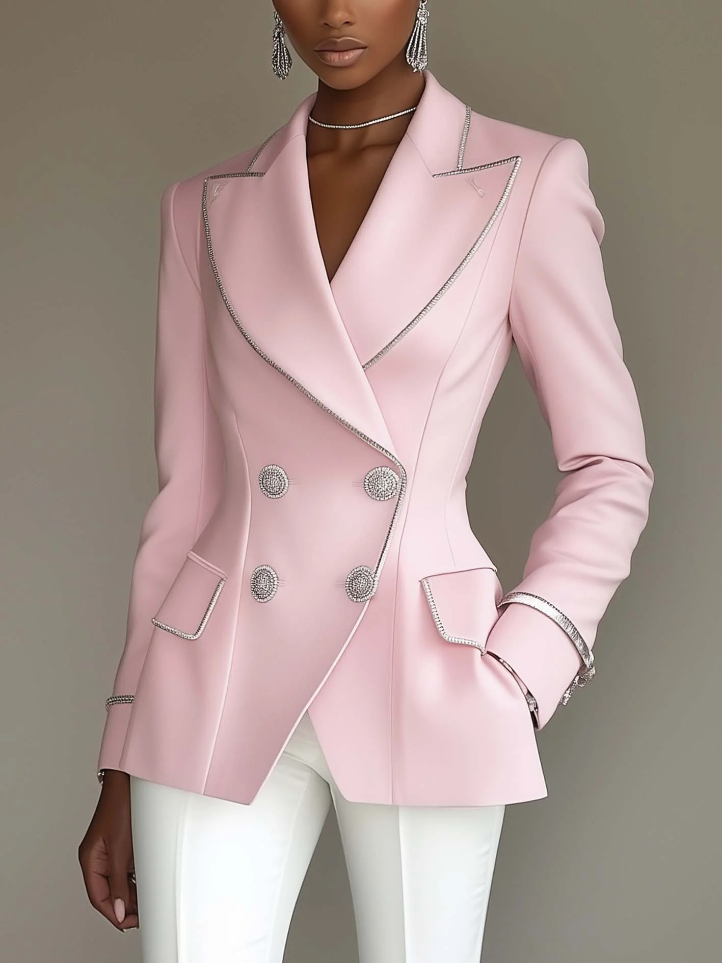 Pink Blazer With Silver Trim And Double-breasted Buttons