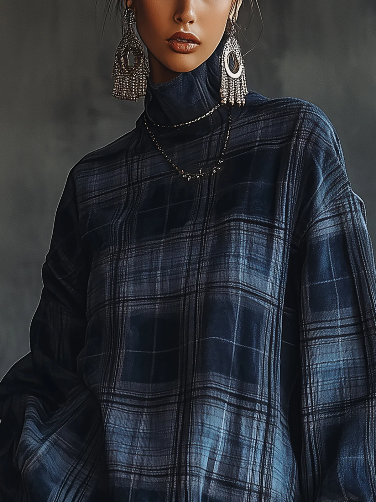 Midnight Plaid Ruffle Hem Turtleneck Dress