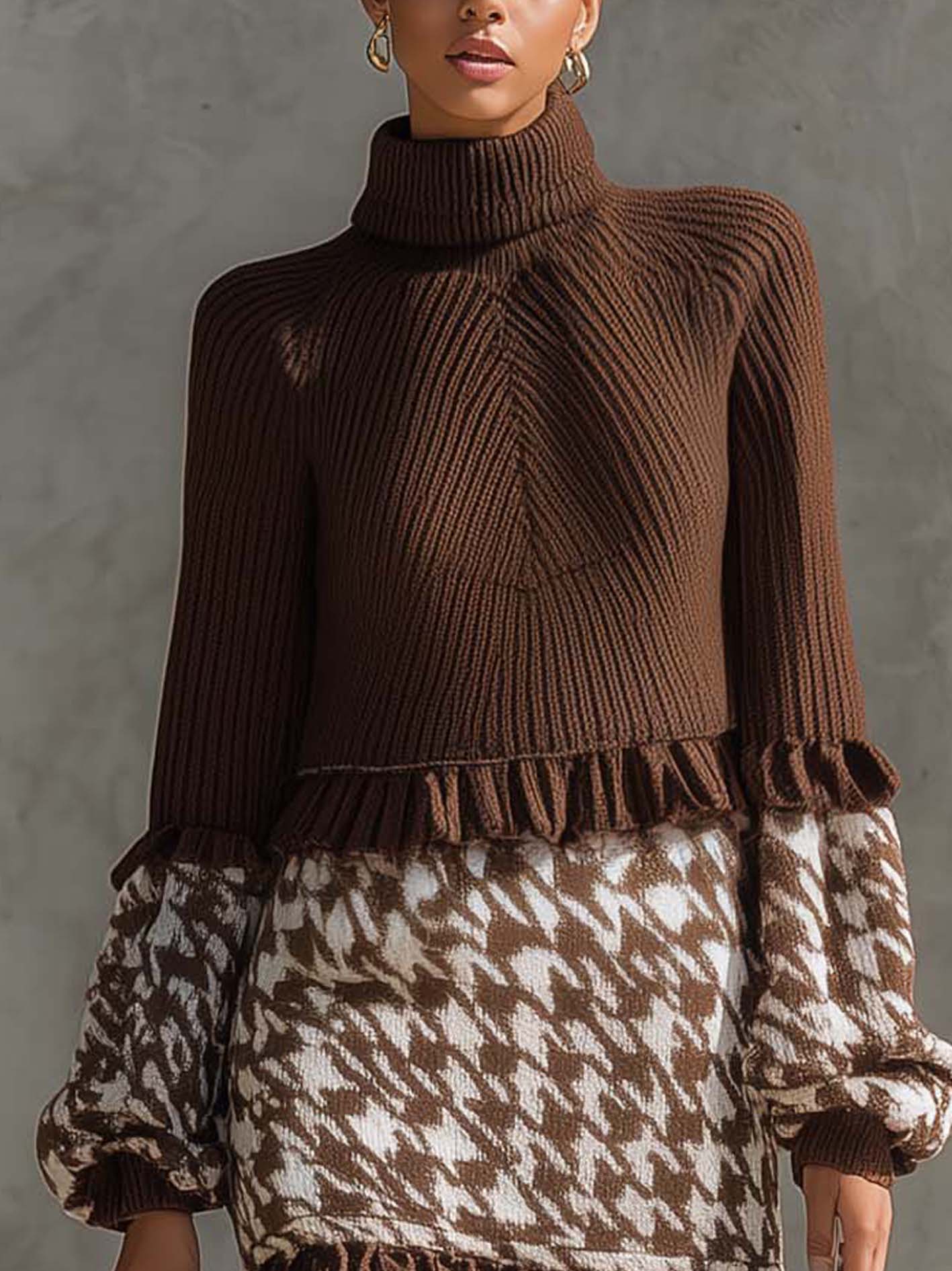 Brown Knit Mini Dress With Houndstooth Pattern And Ruffles