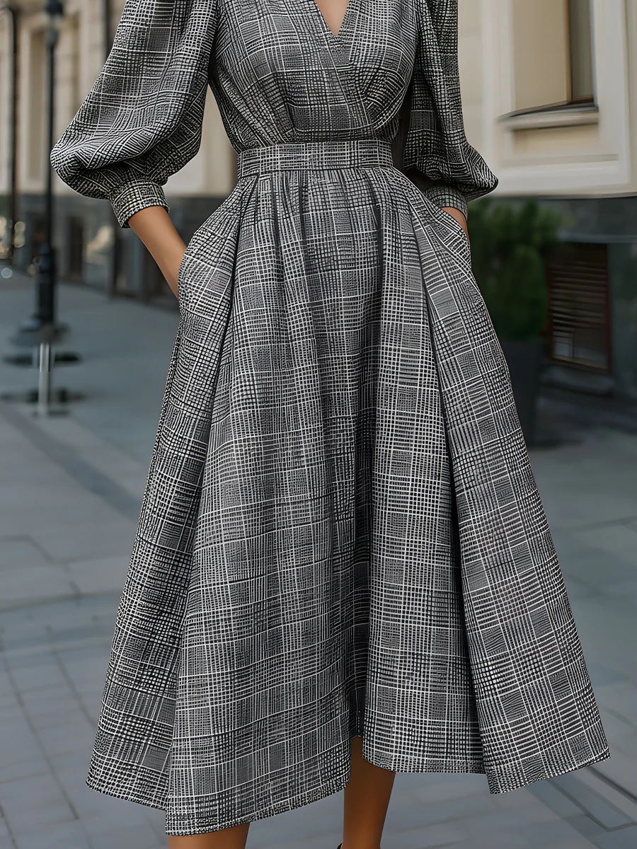 Checkered Puff Sleeve A-Line Dress
