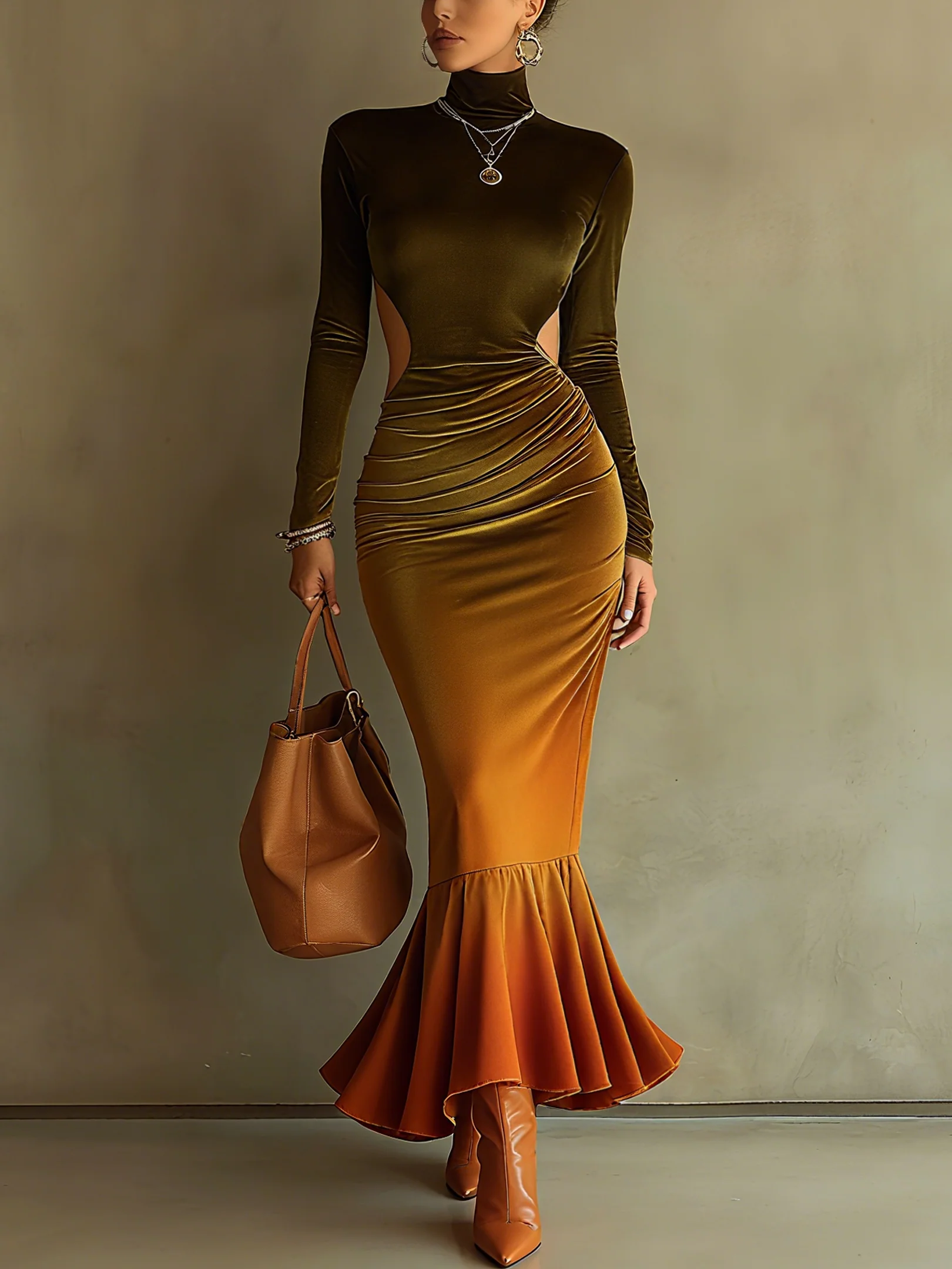 Green Gradient Velvet Openwork Fishtail Maxi Dress