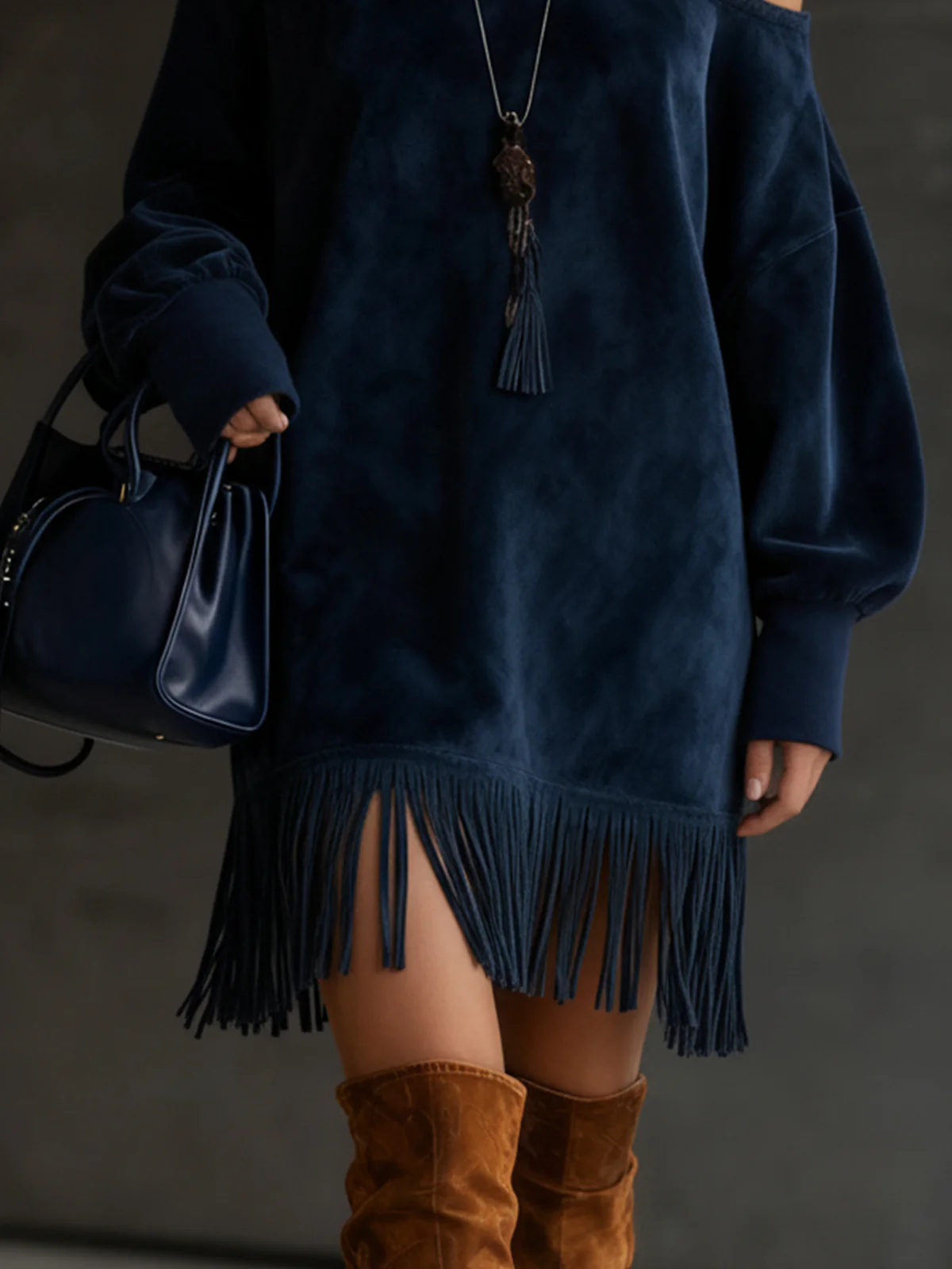 Off-Shoulder Navy Faux Suede Dress With Fringe Hem