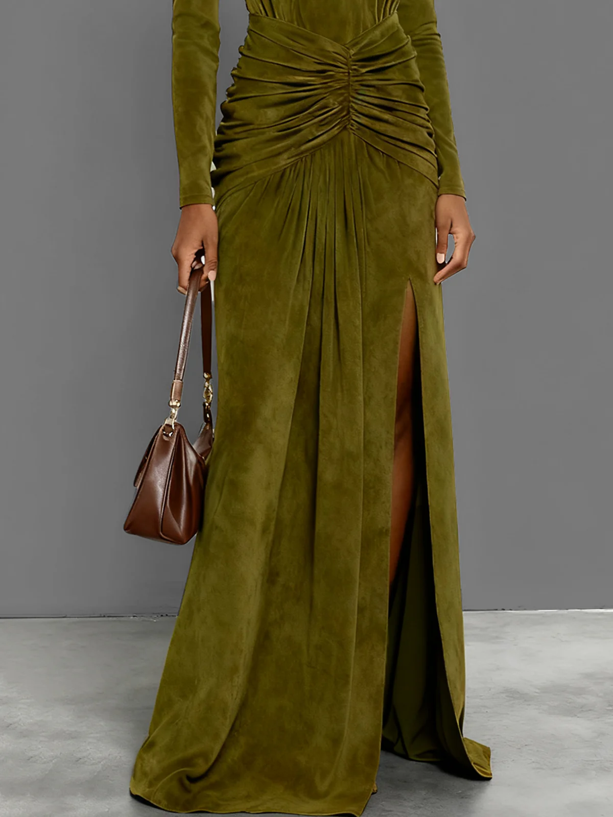 Olive Green Gathered Faux Suede Maxi Dress With High Neck And Slit