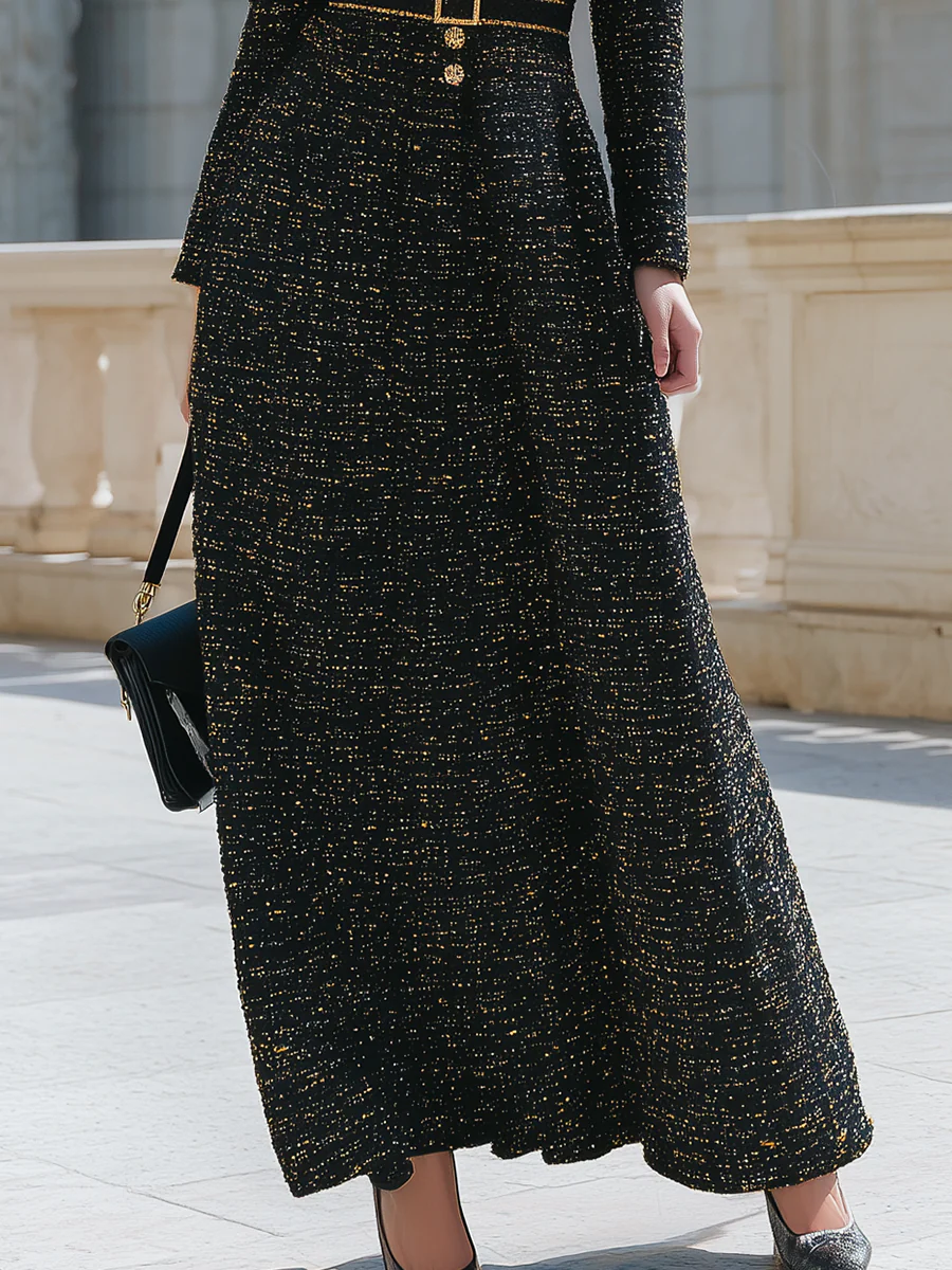 Black Gold Tweed Double-Belt Maxi Dress