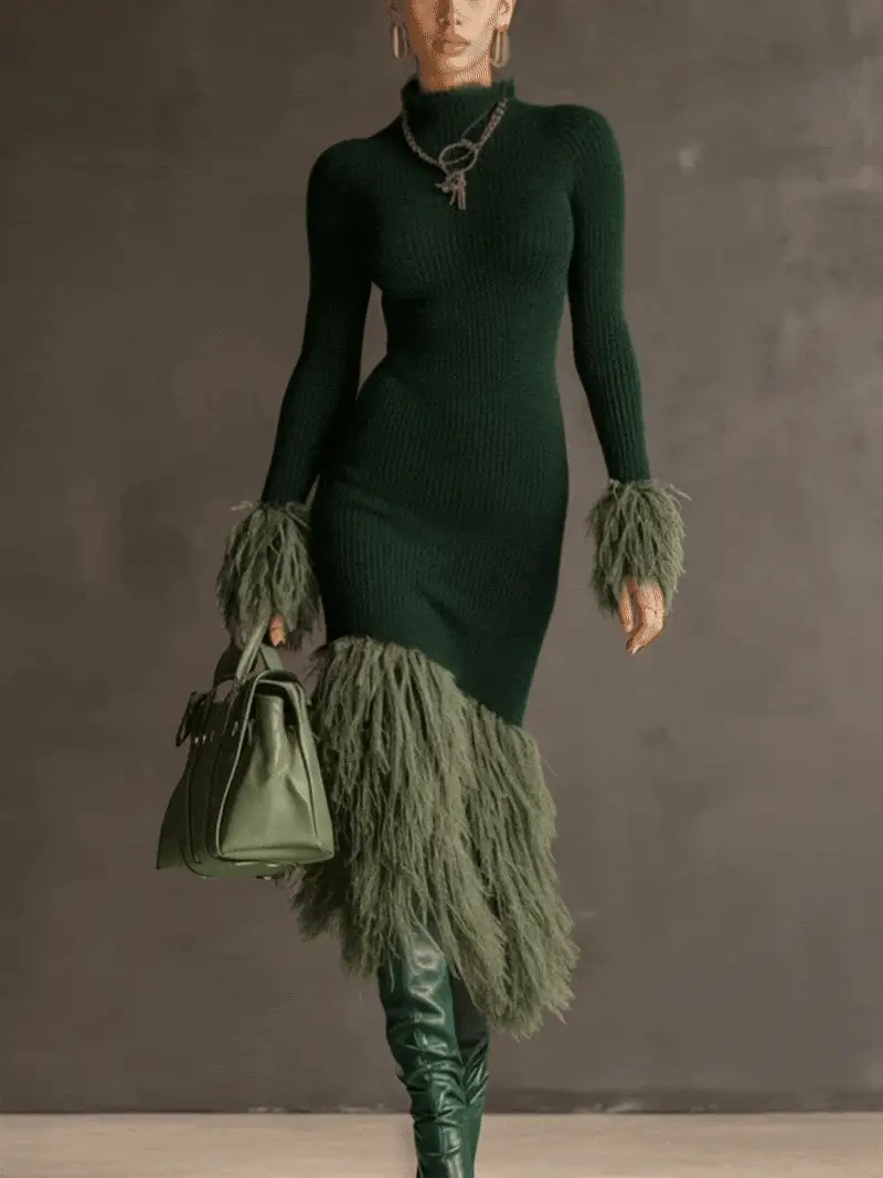 Emerald Knit Patchwork Eco Faux Fur Long Sleeve Bodycon Dress