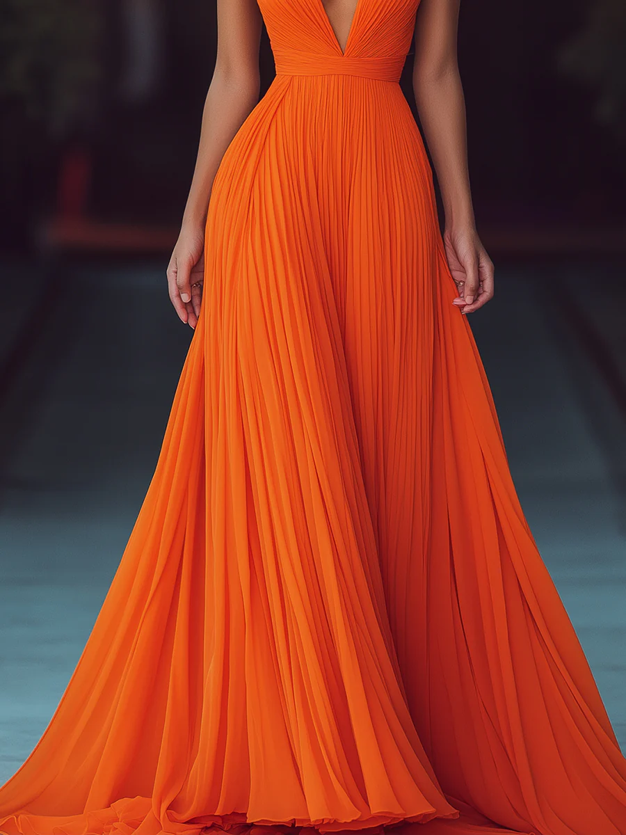 V-neck Halter Pleat Maxi Dress