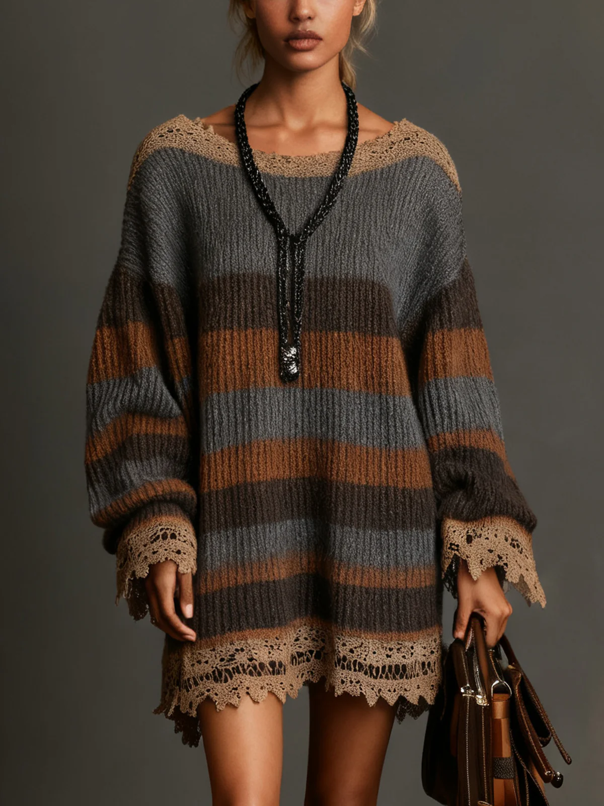 Striped Knit Dress With Beige Lace Trim