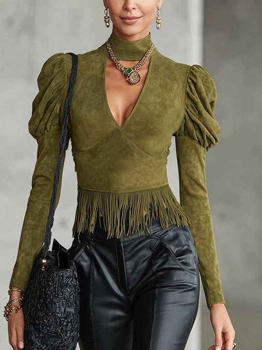 Olive Green Faux Suede Fringe Top With Puff Sleeves