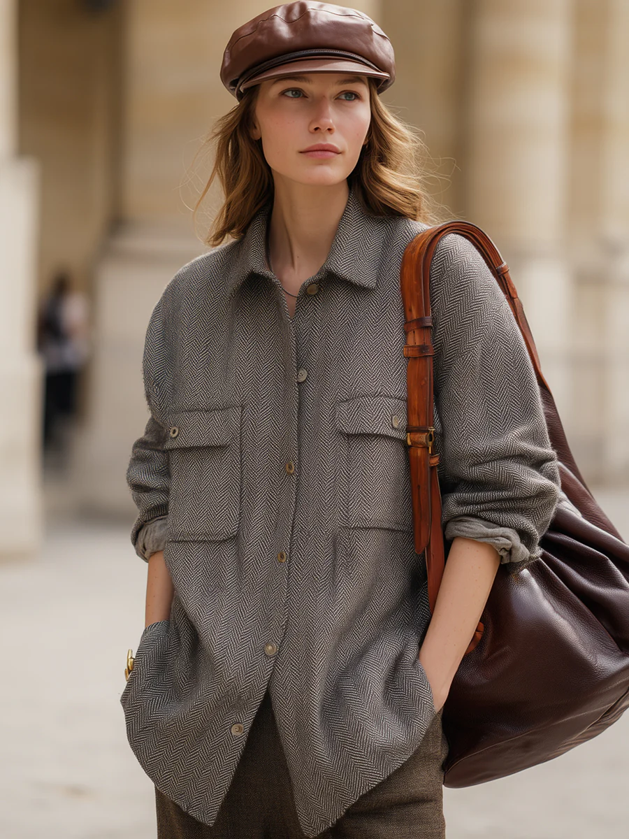 Grey Herringbone Wool Overshirt