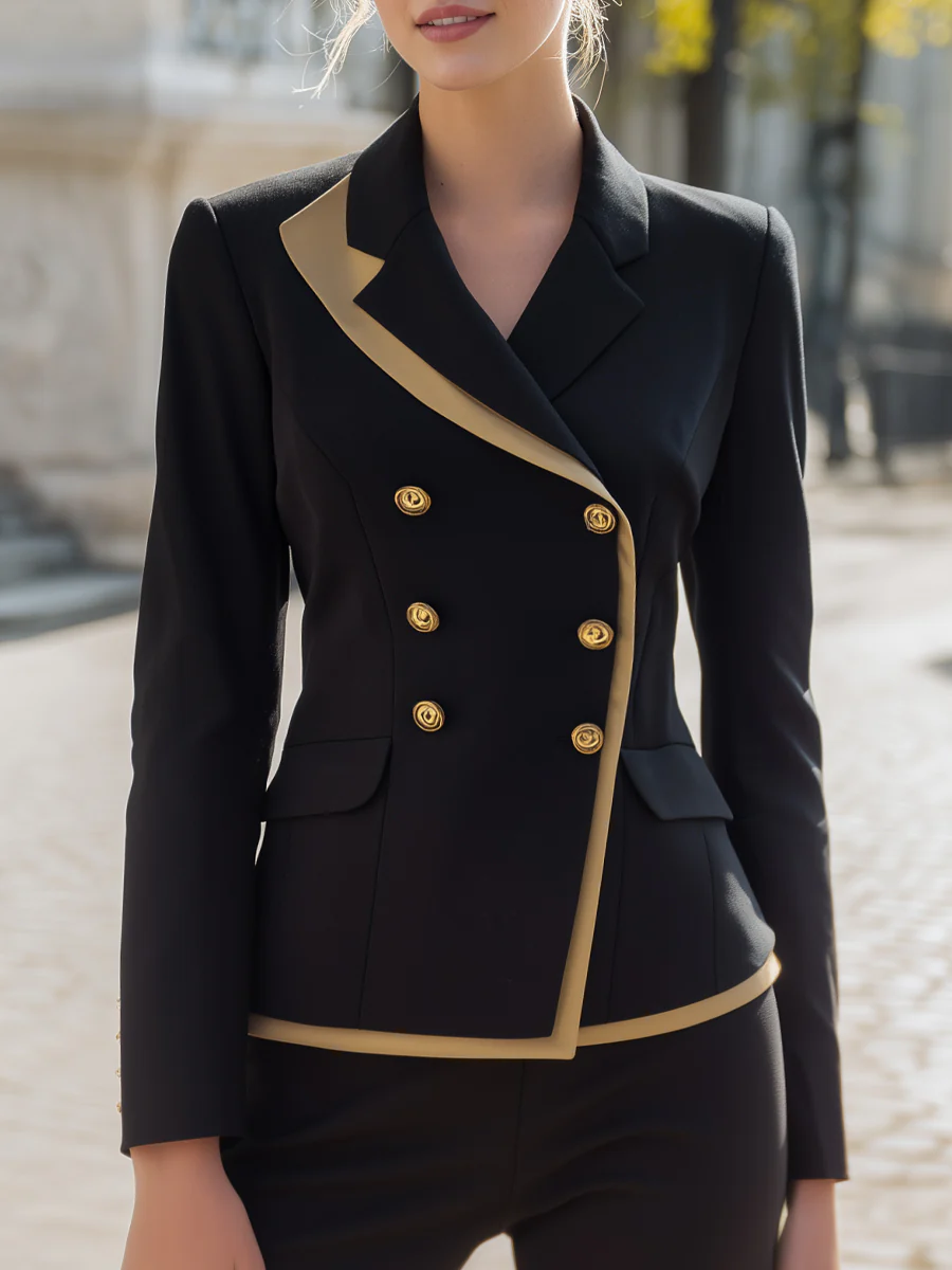 Contrast Trim Double-Breasted Blazer