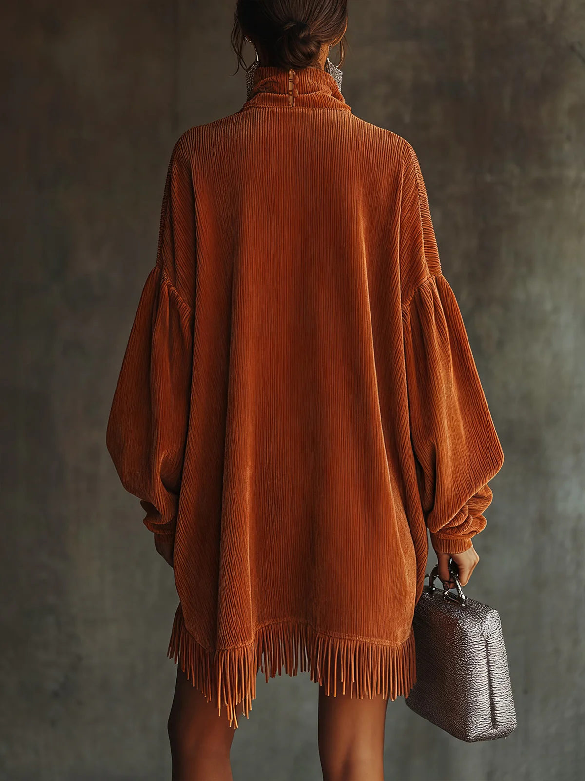 Orange Corduroy Loose Tassel Hem High Collar Dress