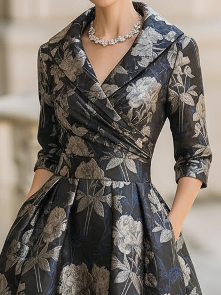 Elegant Jacquard Floral Midi Dress With Shawl Collar
