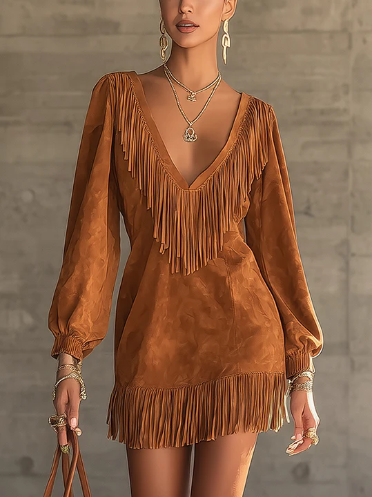 Caramel Faux Suede Mini Dress With Fringe Detail And Deep V-Neck
