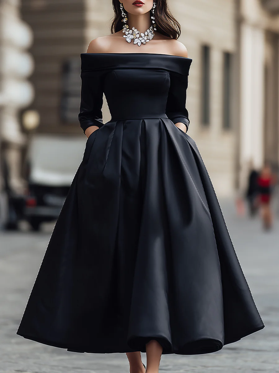 Elegant Off-Shoulder Satin Midi Dress