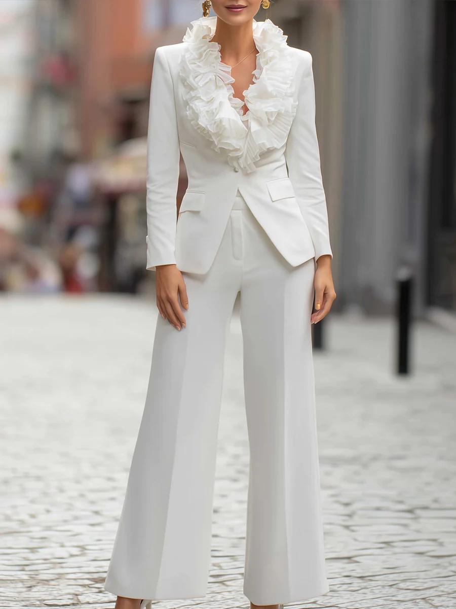 White Ruffled Lapel Tailored Pantsuit