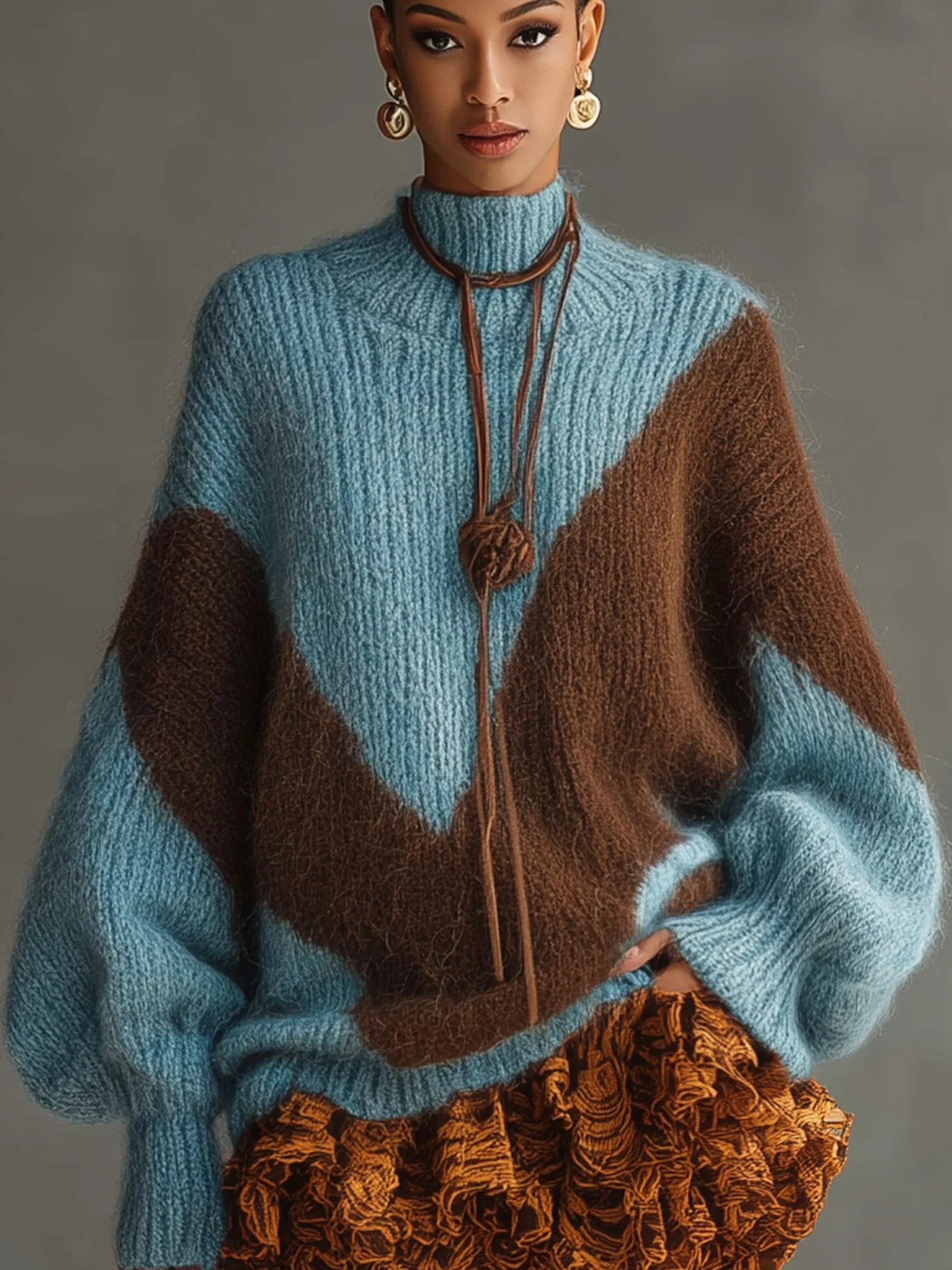 Blue And Brown Color Blocked Mohair Knit Sweater