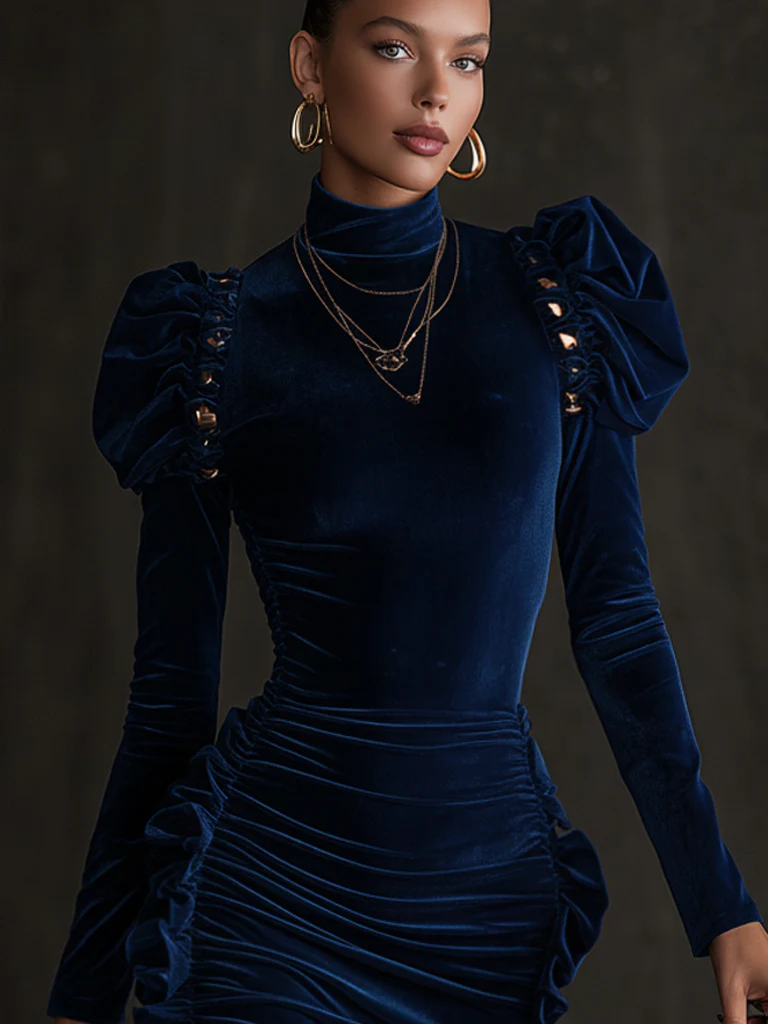 Navy Velvet Studded Ruched Long Sleeve Bodycon Dress