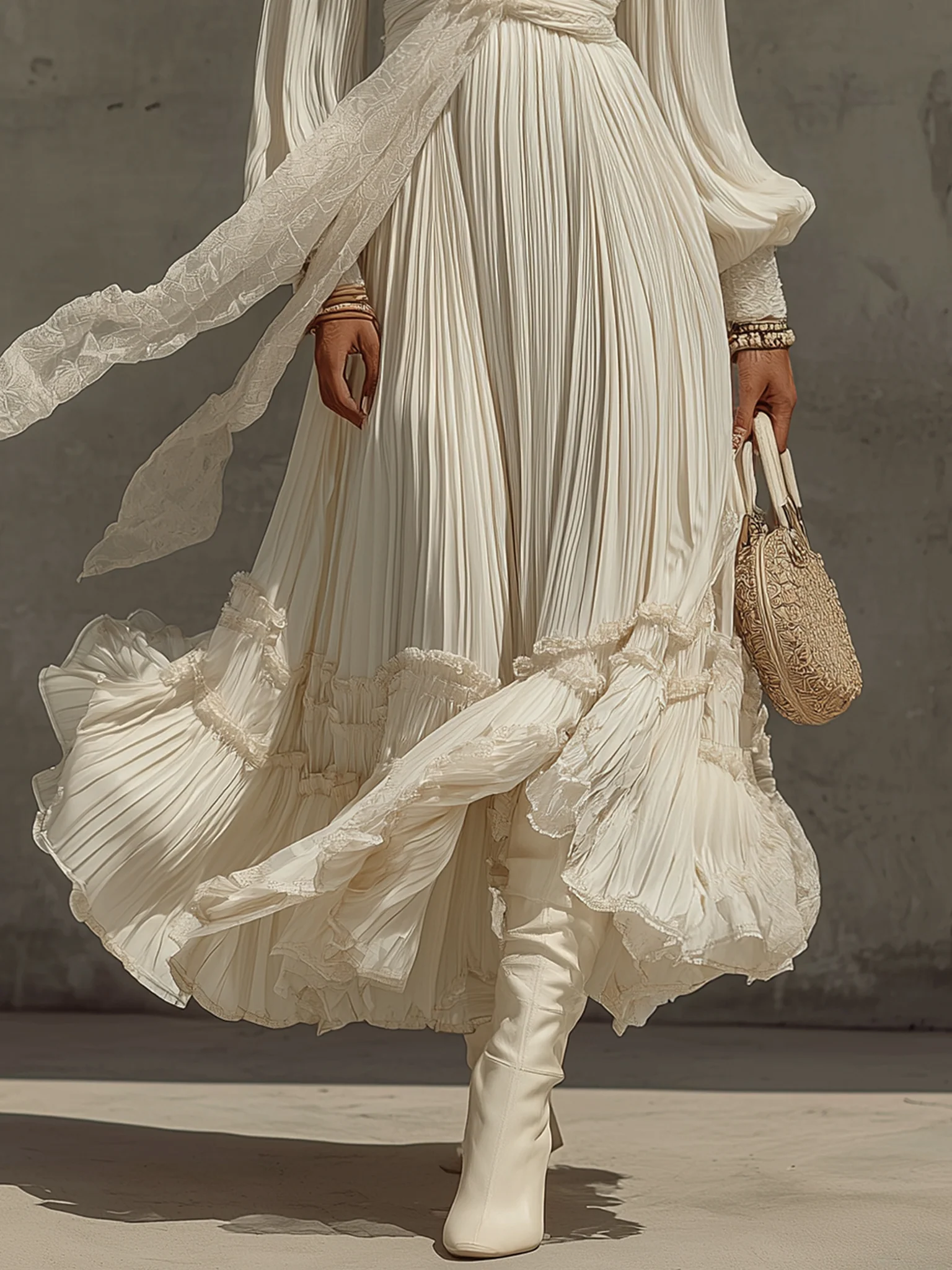 White Deep V-Neck Pleated Long Sleeve Maxi Dress With Lace Belt