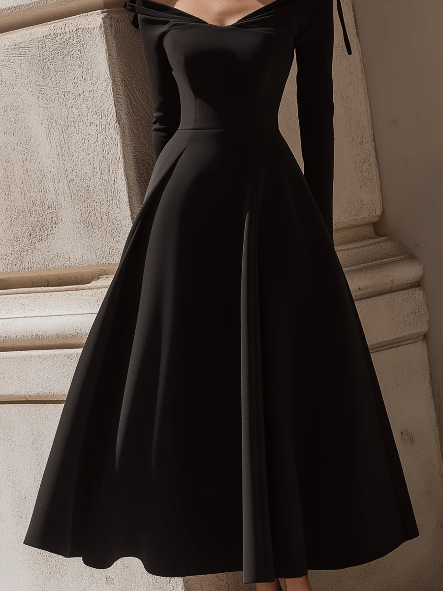 Off-Shoulder Bow Detail Black Midi Dress