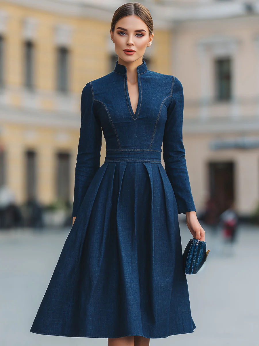 Elegant Mock Denim Dress With Flared Skirt