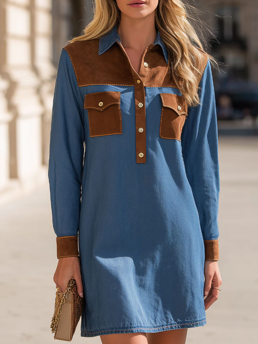 Retro Denim & Suede Contrast Shirt Dress For Vintage-Inspired Chic