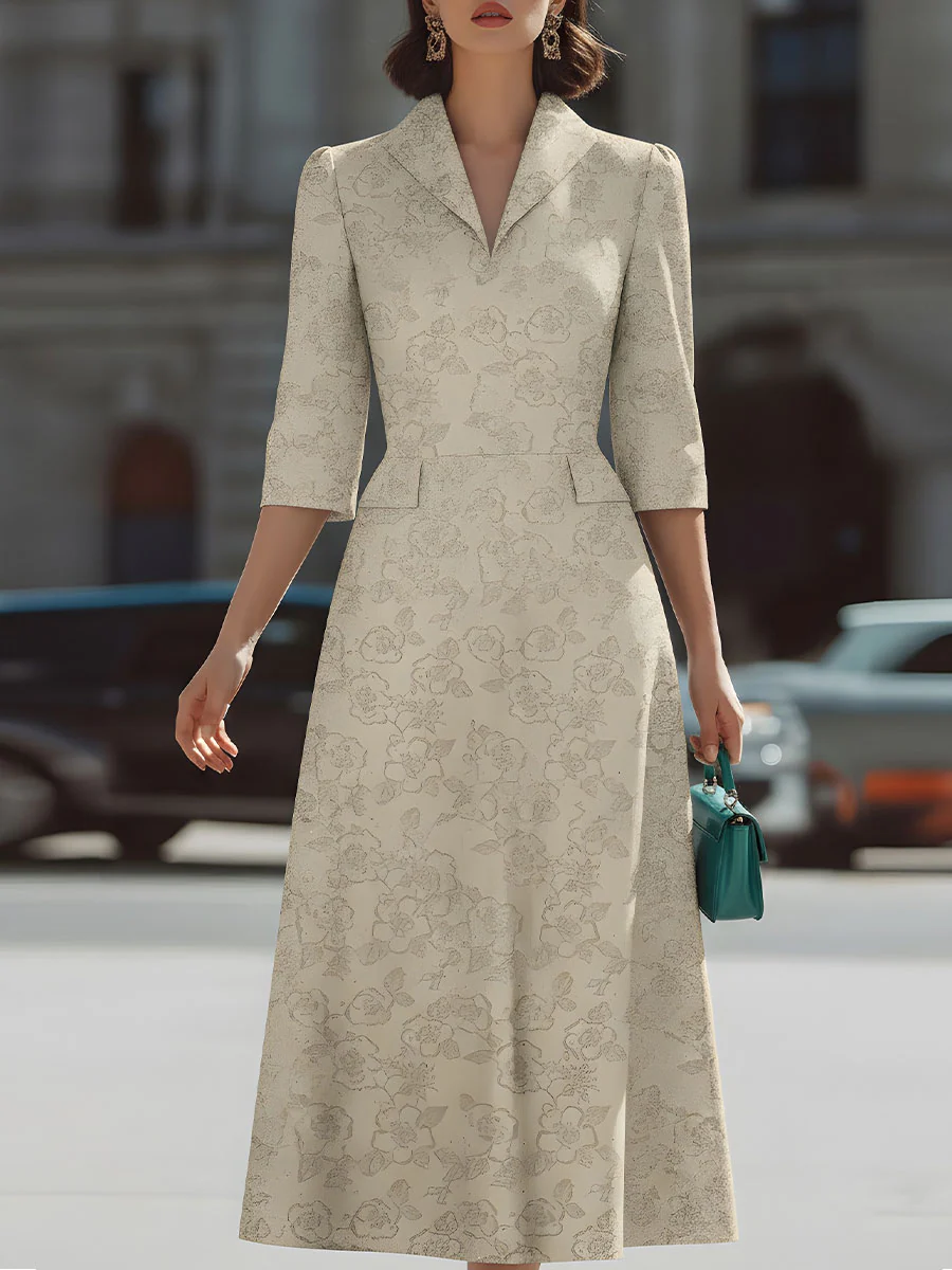 Chic Beige Dress With Subtle Floral Print - Perfect For Day To Night Looks