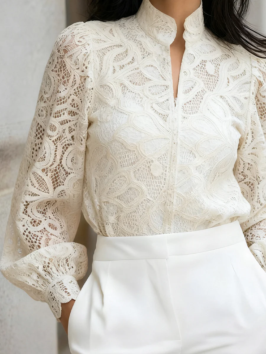 Lace High-Neck Blouse With Balloon Sleeves