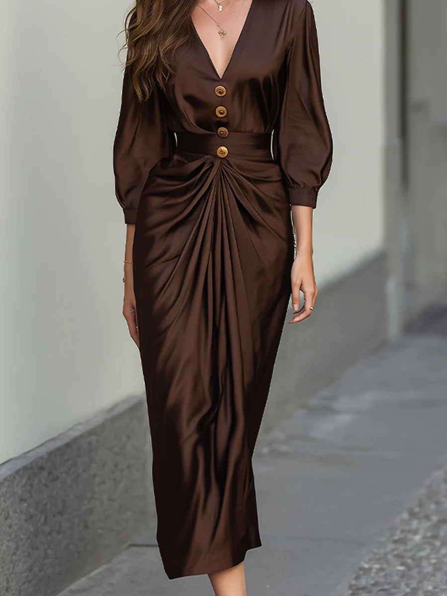 Mocha Satin Button-Draped Midi Dress