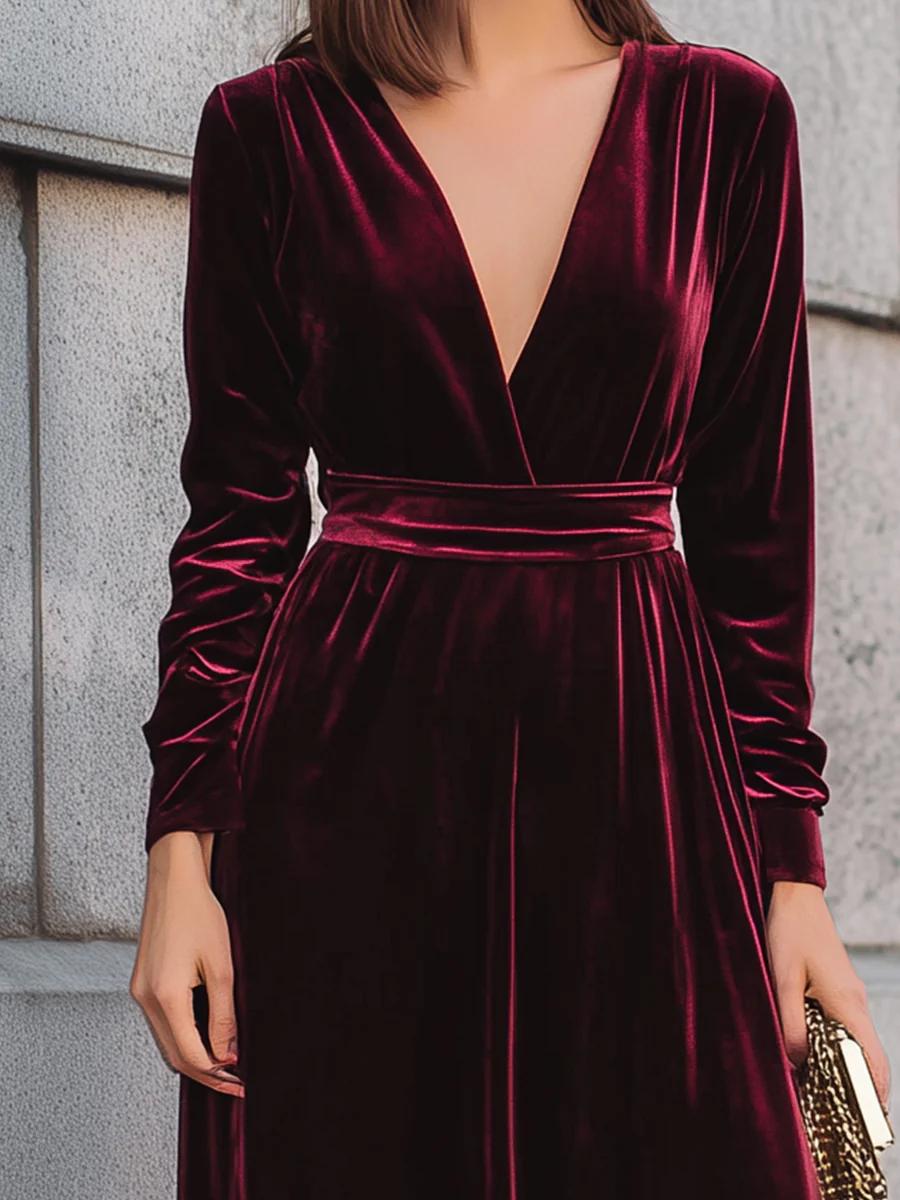 Burgundy Velvet Long-Sleeve Evening Gown