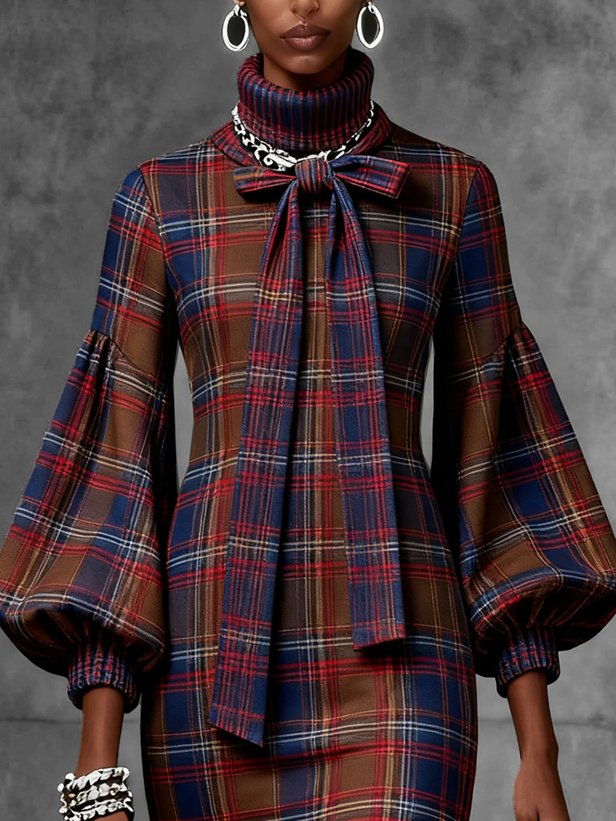 Plaid Puff Sleeve Dress With Bow Tie Neck