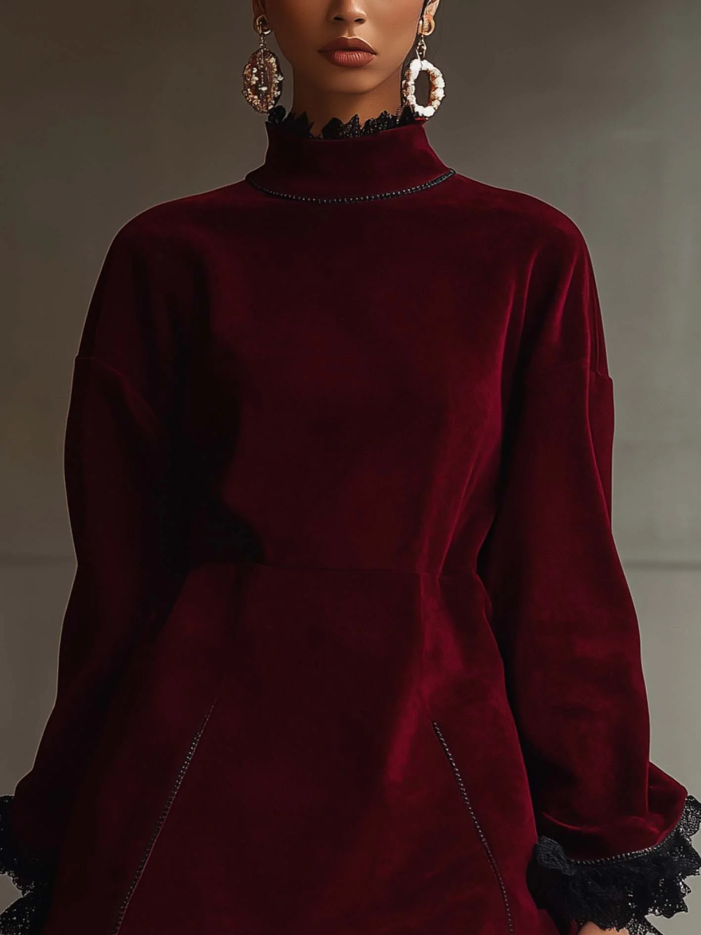 Burgundy Faux Suede Mini Dress With Black Lace Trim