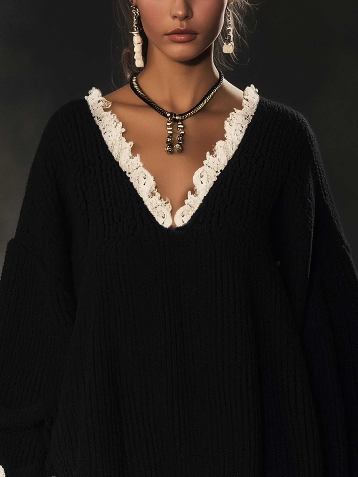 Black Knit Dress With White Lace Trim