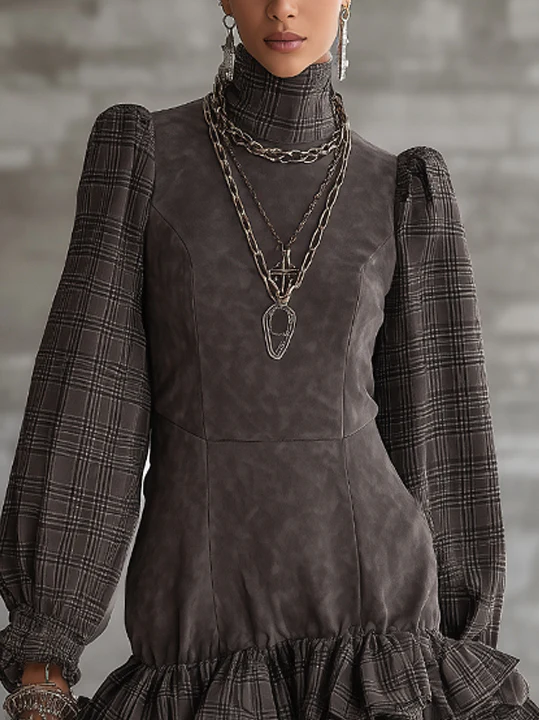 Plaid Puff Sleeve Faux Suede Mini Dress With Layered Ruffle Hem