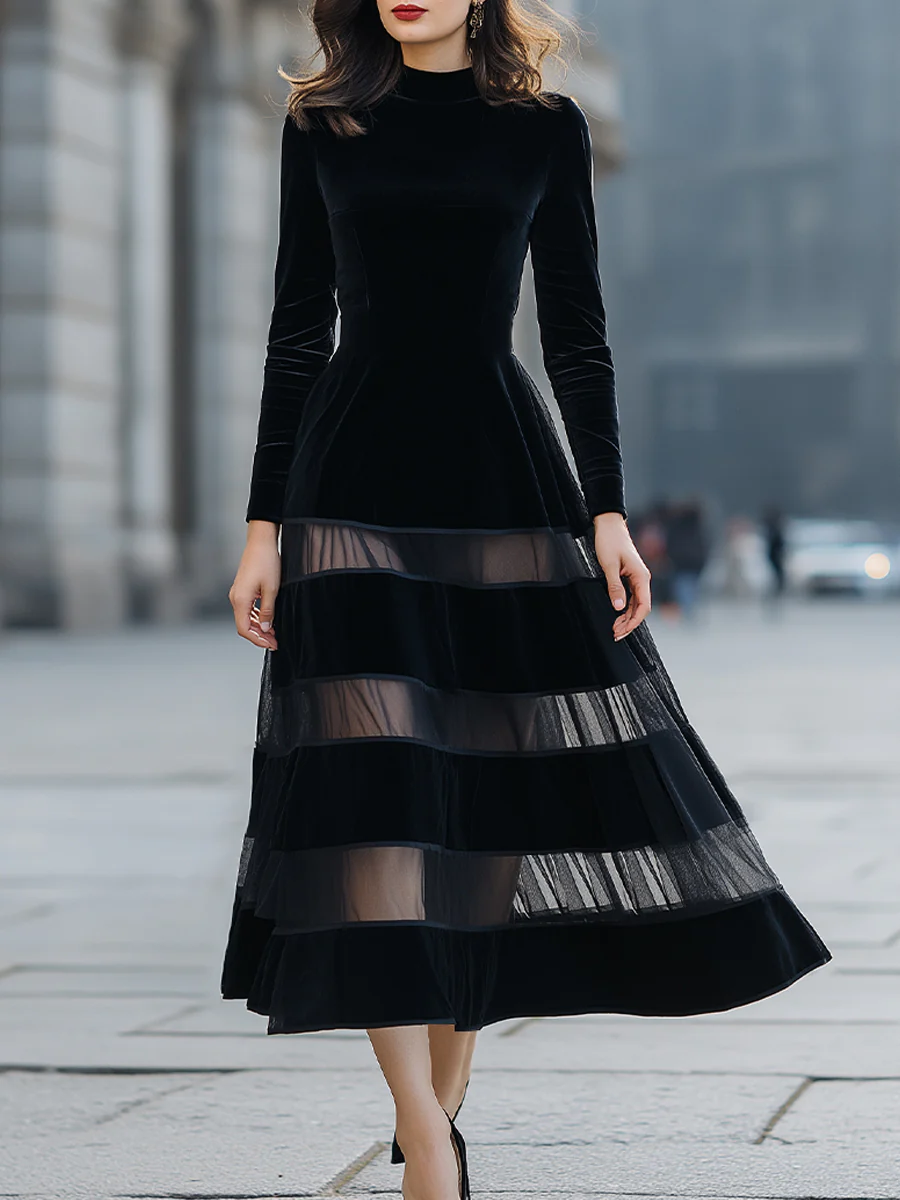 Elegant  Velvet Sheer Stripe Midi Dress