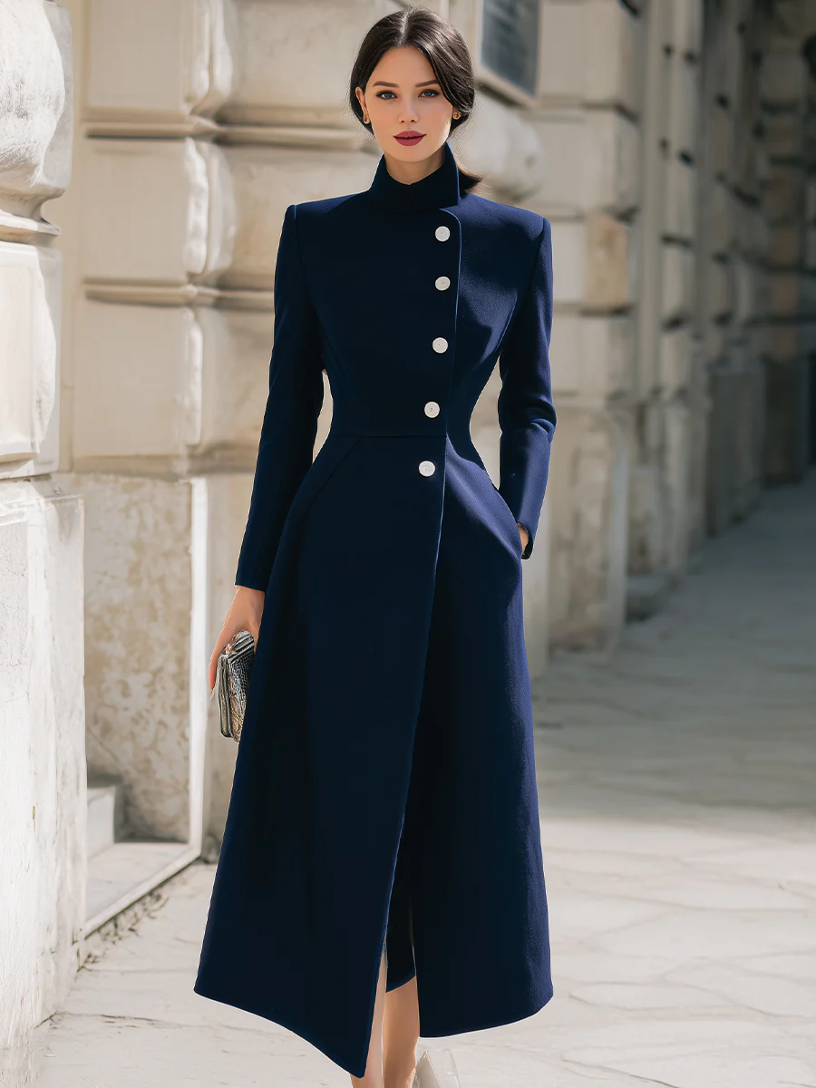 Elegant Navy Stand - Collar Maxi Coat