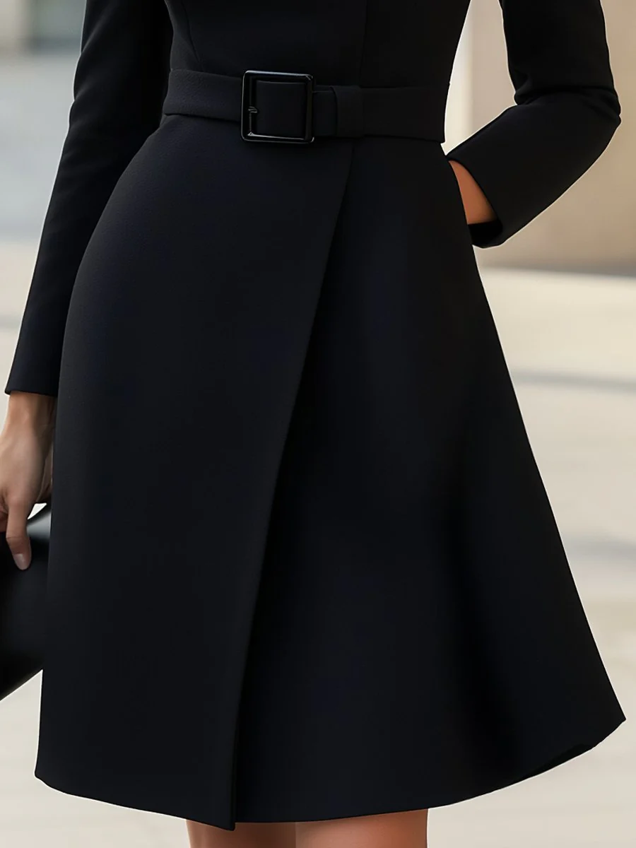 Black High-Neck Asymmetric Belted A-Line Dress