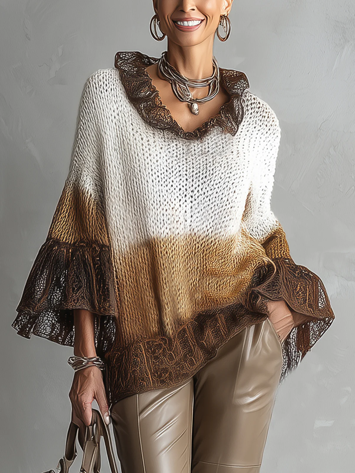 Brown Ruffled Knit Pullover With Flared Lace Sleeves