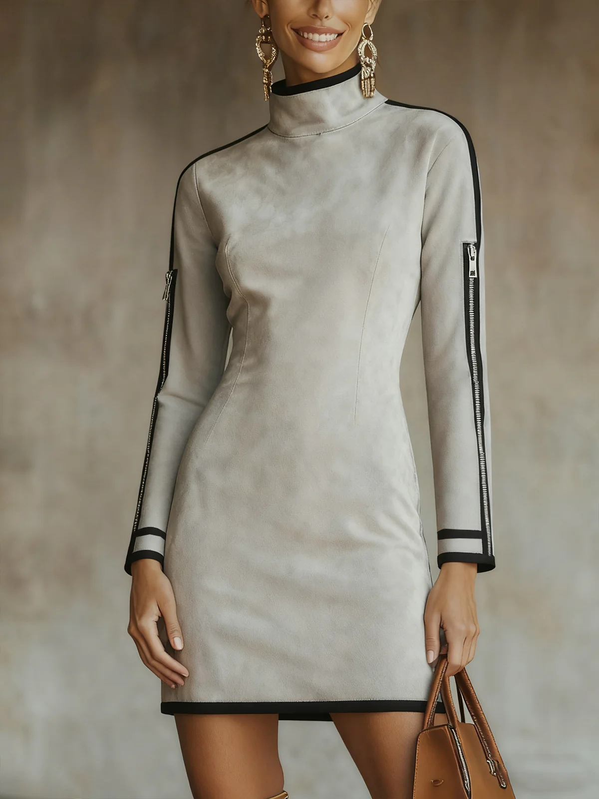 Gray Faux Suede Mock Neck Mini Dress With Zip Sleeve Detail