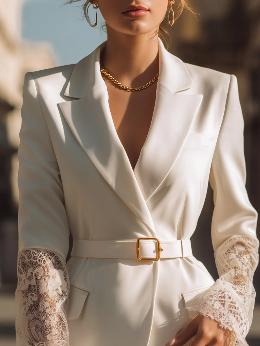 Tailored Lace-Cuff Belted Blazer