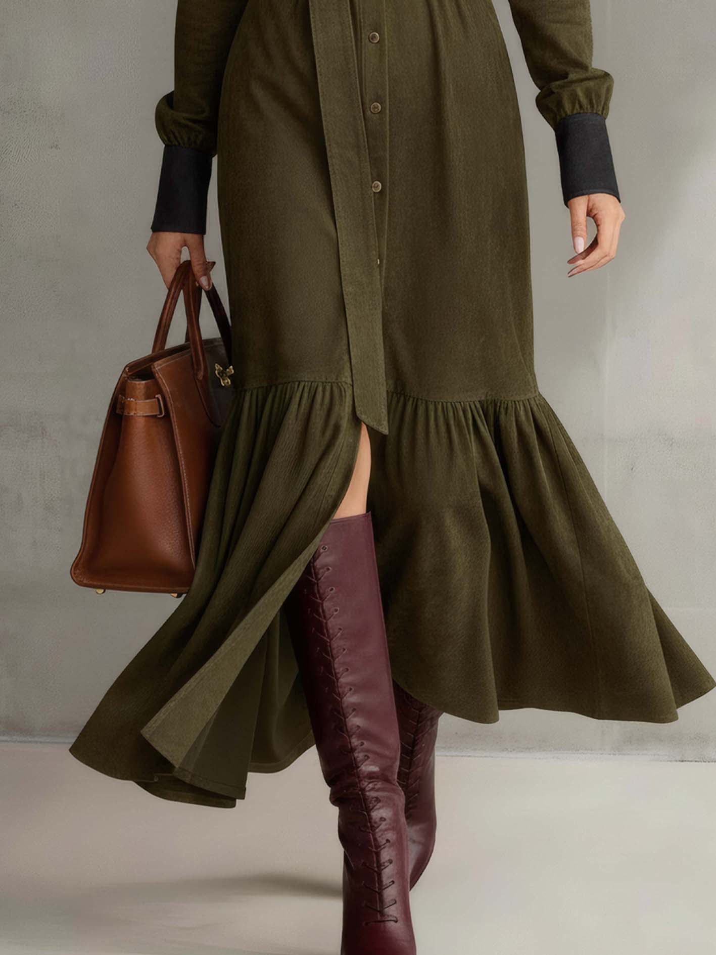 Olive Faux Suede Maxi Dress With Belt And Ruffled Hem