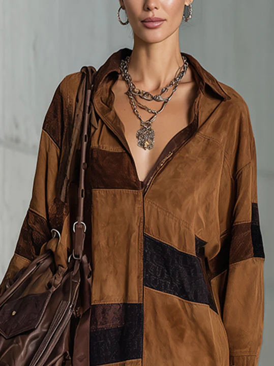 Brown Faux Suede Print Mini Dress