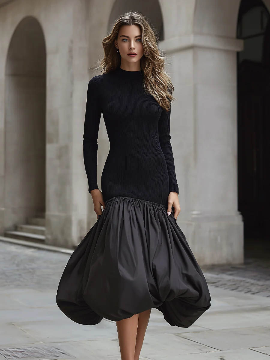 Black Knit And Taffeta Contrast Bubble Hem Dress