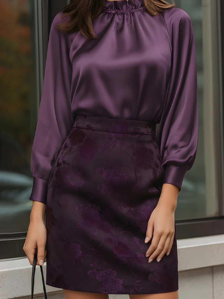 Elegant Satin Blouse And Jacquard Skirt Two-Piece Set