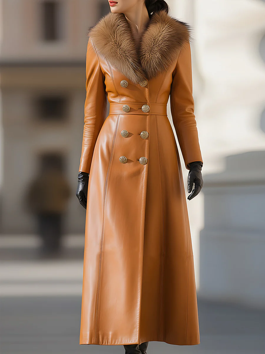 Caramel Leather Double-Breasted Coat With Fur Collar