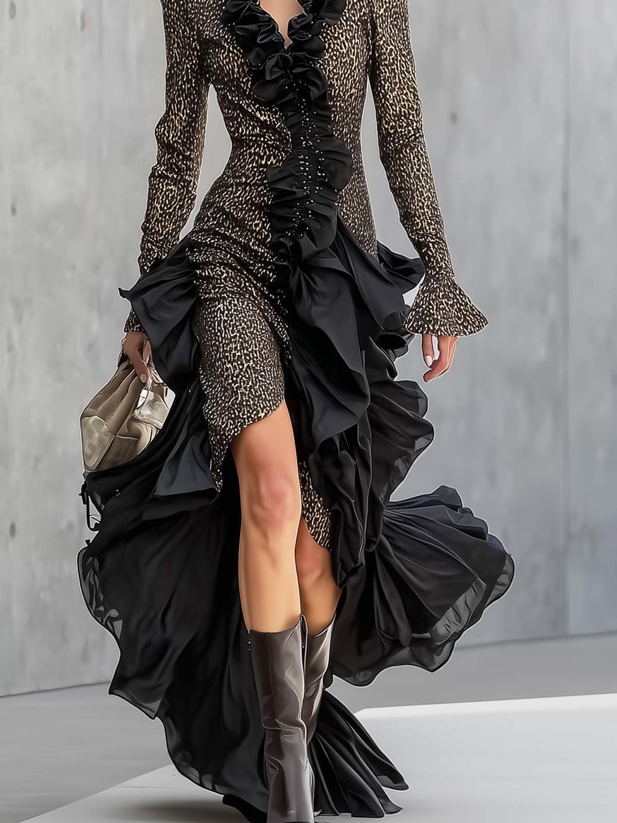 Black Faux Suede Maxi Dress With Ruffled Leopard Print And An Asymmetrical Hem