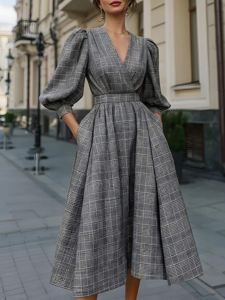 Checkered Puff Sleeve A-Line Dress