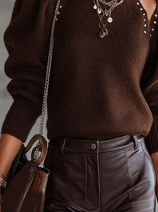 Brown Puff Sleeve Sweater With Cut-Out Shoulder Detail