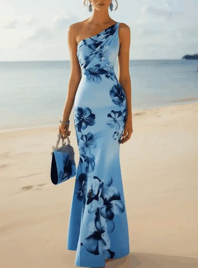 24-Hour-Shipping One Shoulder Light Blue Bodycon Dress With Blue Gradient Floral Print